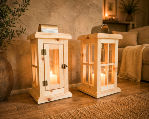 Zwei Laternen aus Zirbenholz mit Kerzenlicht auf einem Holzboden