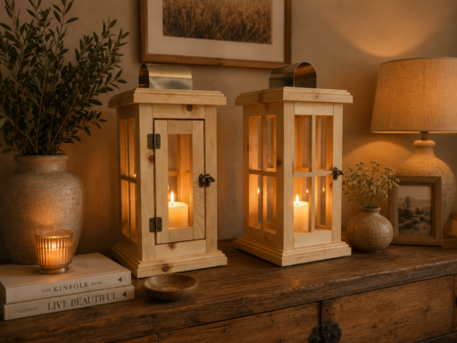 Laternen aus Zirbenholz mit Kerzen auf einer Kommode neben einer Tischlampe
