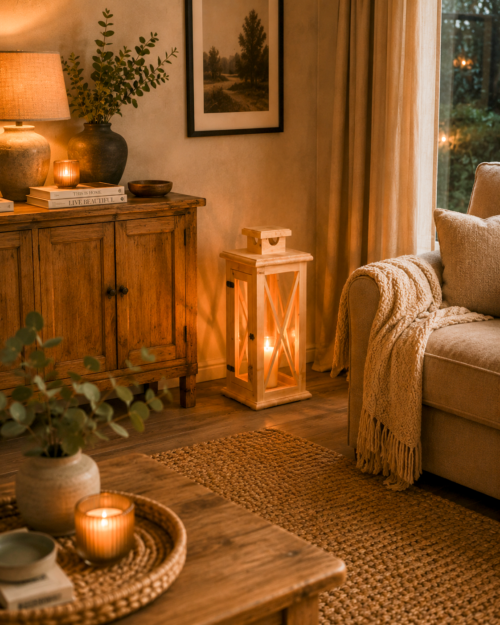 Laterne aus Zirbenholz mit Kerzenlicht im Wohnzimmer