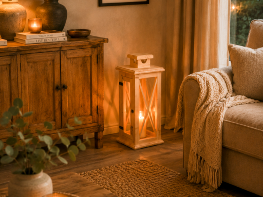 Laterne aus Zirbenholz mit Kerzenlicht im Wohnzimmer