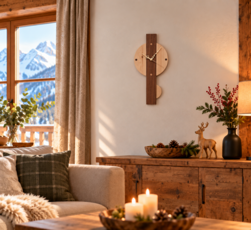 Pendeluhr aus Zirbenholz an der Wand eines Wohnzimmers mit Bergblick