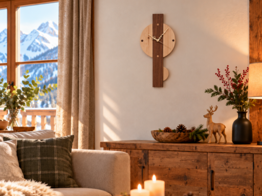 Pendeluhr aus Zirbenholz an der Wand eines Wohnzimmers mit Bergblick