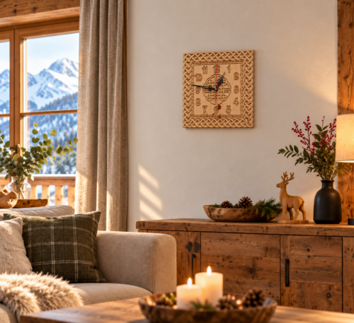 Wanduhr aus Zirbenholz mit geschnitztem Relief im Wohnzimmer