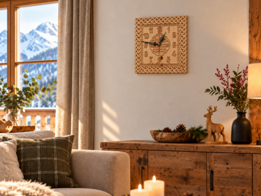 Wanduhr aus Zirbenholz mit geschnitztem Relief im Wohnzimmer