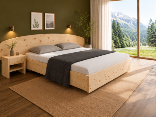 Zirbenbett Modell 2 mit geschwungenem Kopfteil im Schlafzimmer