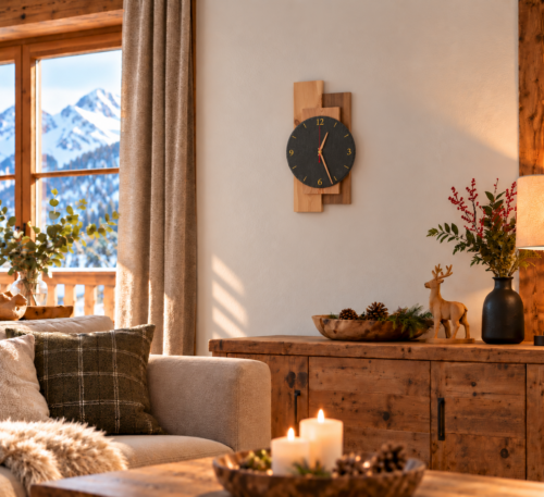 Wanduhr Mischwald aus Zirbenholz und Schiefer im Wohnzimmer