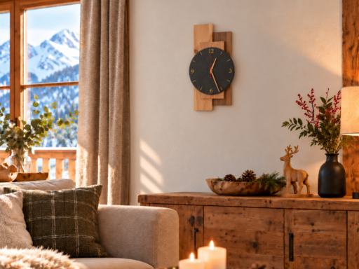 Wanduhr Mischwald aus Zirbenholz und Schiefer im Wohnzimmer