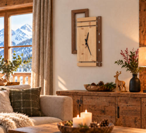 Wanduhr aus Zirbenholz an der Wand eines Chaletzimmers