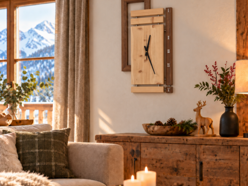 Wanduhr aus Zirbenholz an der Wand eines Chaletzimmers