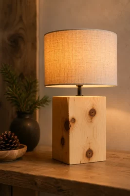 Stehleuchte aus Zirbenholz mit warmem Licht
