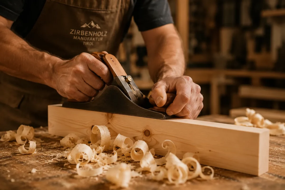 Tischler beim Hobeln eines Zirbenholzbretts in der Werkstatt