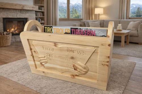 Zeitungsständer aus Zirbenholz mit Reliefschnitzerei Tirol News