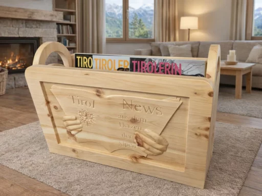 Zeitungsständer aus Zirbenholz mit Reliefschnitzerei Tirol News