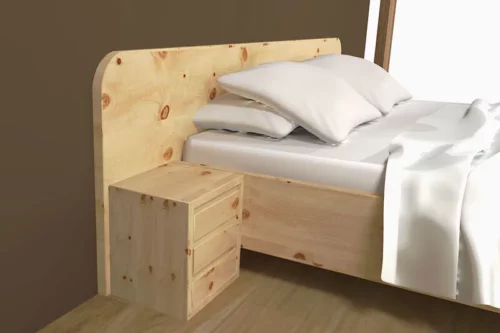 Zirbenbett aus Zirbenholz mit weißer Bettwäsche und passendem Nachtkästchen