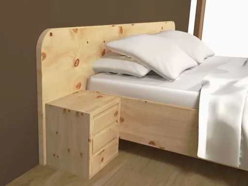 Zirbenbett aus Zirbenholz mit weißer Bettwäsche und passendem Nachtkästchen