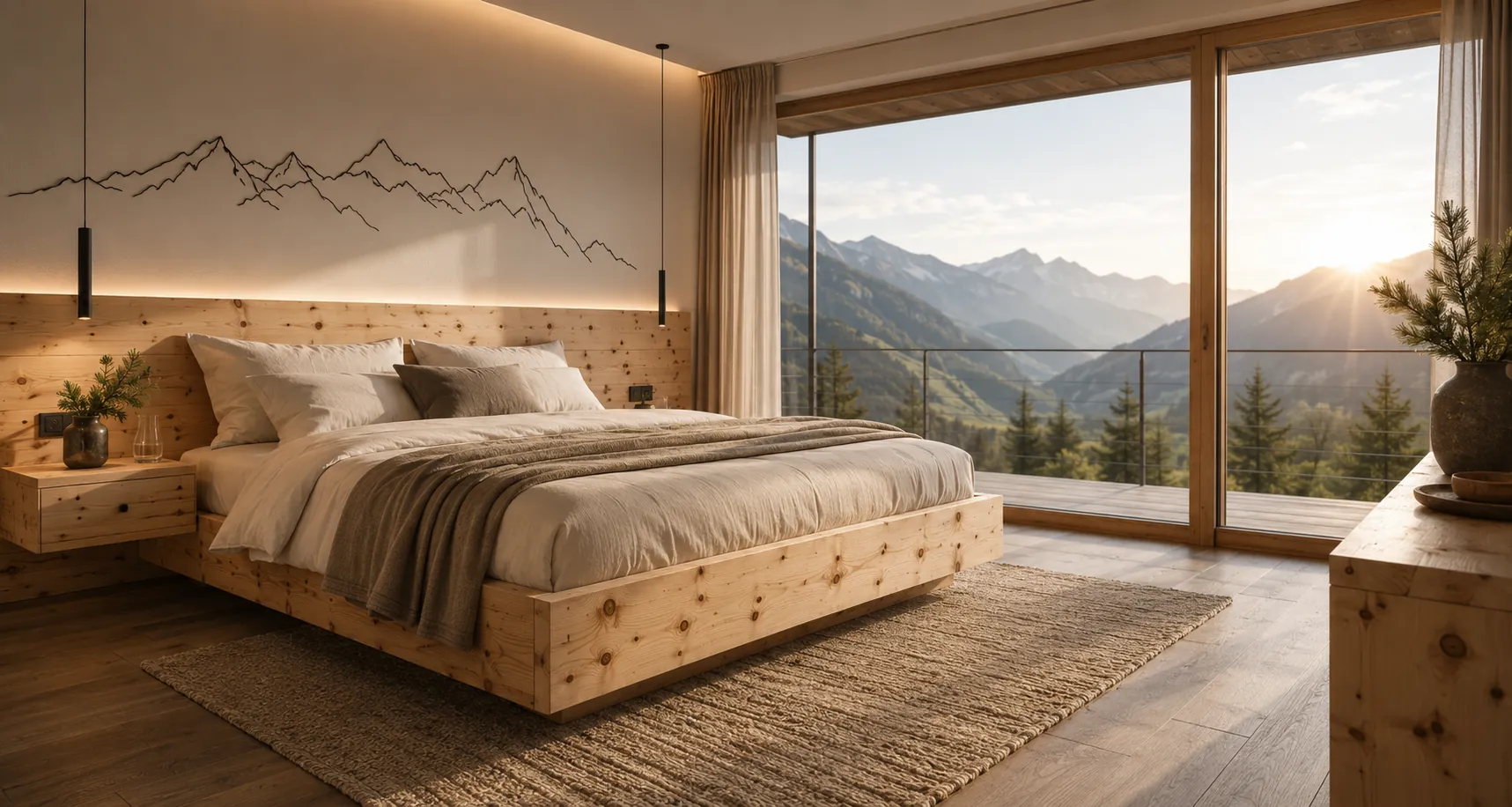 Zirbenholz-Schlafzimmer mit massivem Zirbenbett und Nachtkästchen