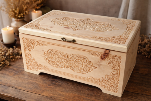 Holztruhe aus Zirbenholz mit Ornament und Messingschloss, seitliche Ansicht