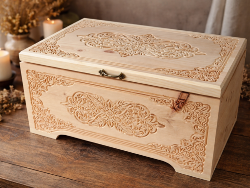 Holztruhe aus Zirbenholz mit Ornament und Messingschloss, seitliche Ansicht