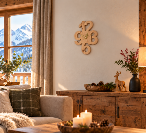 Wanduhr aus Zirbenholz im Wohnzimmer mit Bergblick
