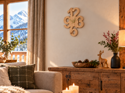 Wanduhr aus Zirbenholz im Wohnzimmer mit Bergblick
