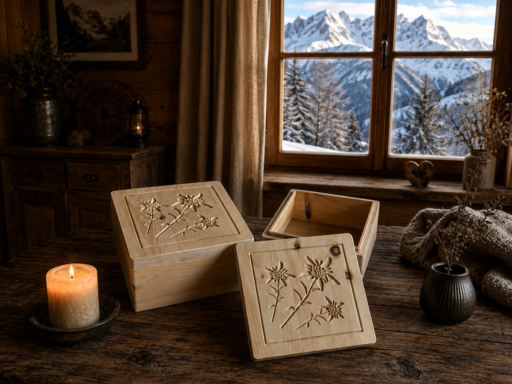 Zirbenboxen mit Edelweiß-Gravur vor einem Fenster mit Bergblick