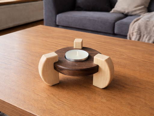 Kerzenhalter aus Zirbenholz mit Teelicht auf einem Couchtisch