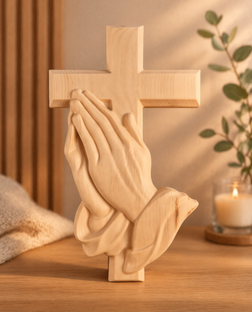 Wandkreuz aus Zirbenholz mit geschnitzten betenden Händen, warm beleuchtet