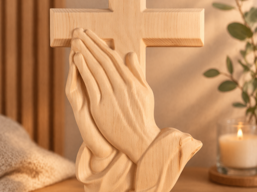 Wandkreuz aus Zirbenholz mit geschnitzten betenden Händen, warm beleuchtet