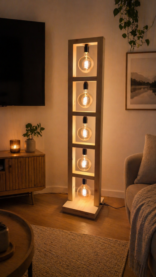 Stehlampe Globe aus Zirbenholz mit mehreren Leuchtfeldern im Wohnzimmer