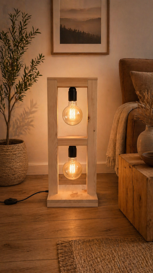 Stehlampe Globe aus Zirbenholz mit zwei Leuchtfeldern im Wohnzimmer
