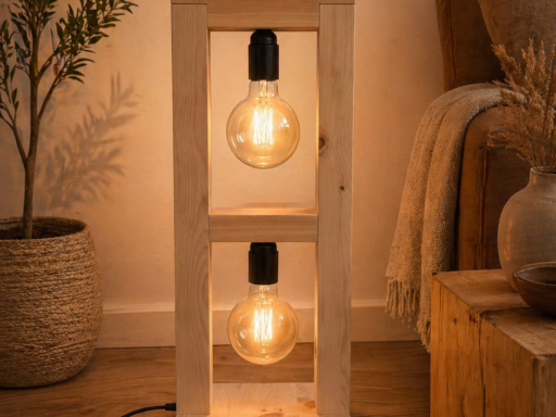 Stehlampe Globe aus Zirbenholz mit zwei Leuchtfeldern im Wohnzimmer