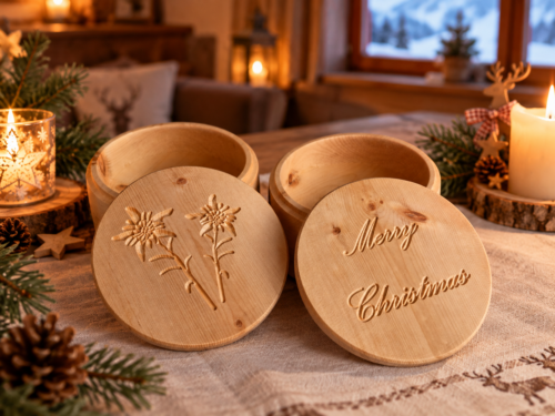 Runde Schmuckdosen aus Zirbenholz mit weihnachtlicher Gravur