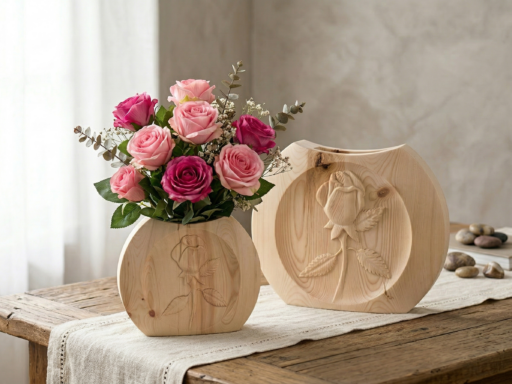 Zirbenvase Rose mit rosa Rosen auf einem Tisch