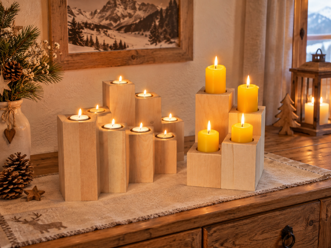 Kerzenständer aus Zirbenholz in gestaffelten Höhen mit brennenden Kerzen auf einer Kommode