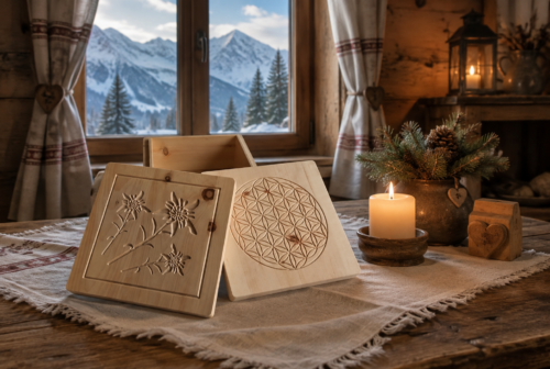 Zirbenbox mit Edelweiß-Gravur auf einem Tisch mit Kerze