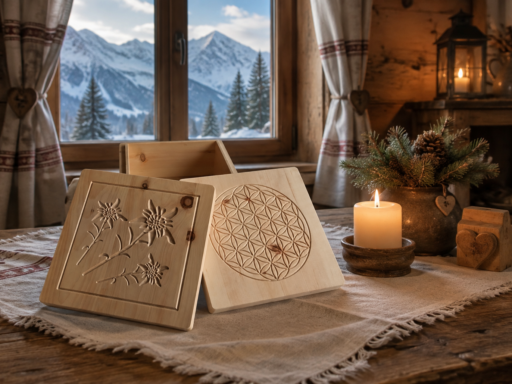 Zirbenbox mit Edelweiß-Gravur auf einem Tisch mit Kerze
